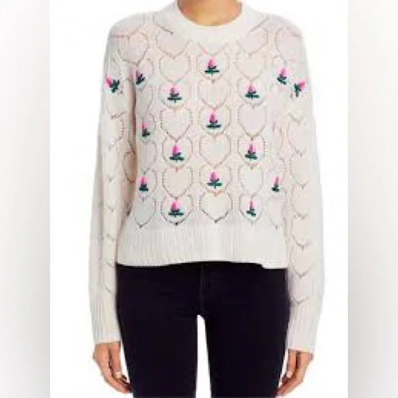 Aqua Cashmere Tulip Floral Embroidered Cashmere Sweater Cream/Pink Size Small - Picture 2 of 9